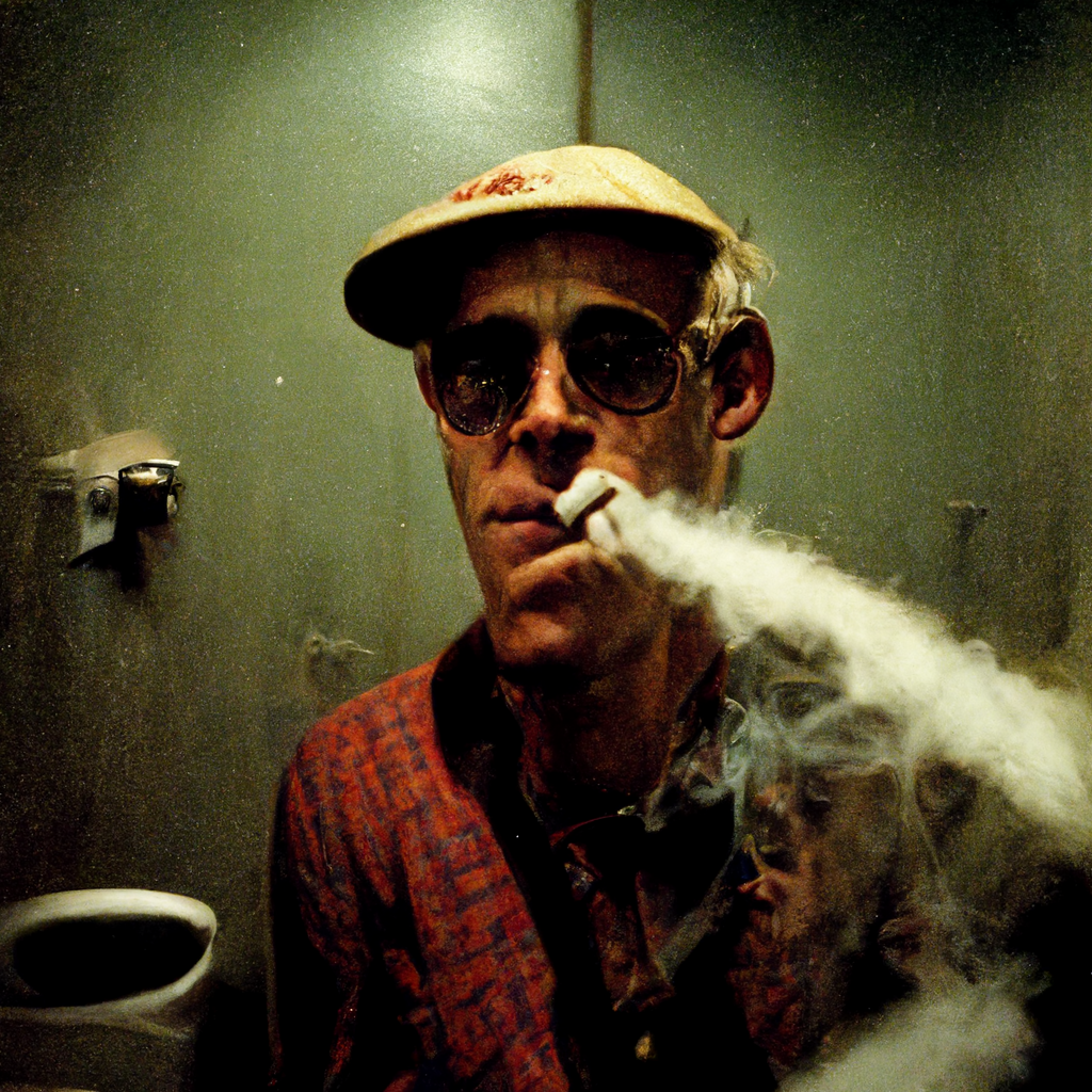 Hunter Thompson smoking a cigarette in a dark bathroom