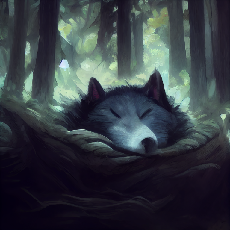 a sleeping wolf in the forest generated by Midjourney AI