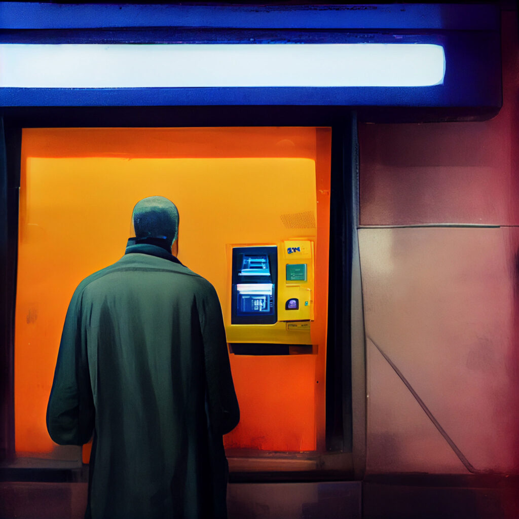A man holding his hands out in front of him at an ATM
