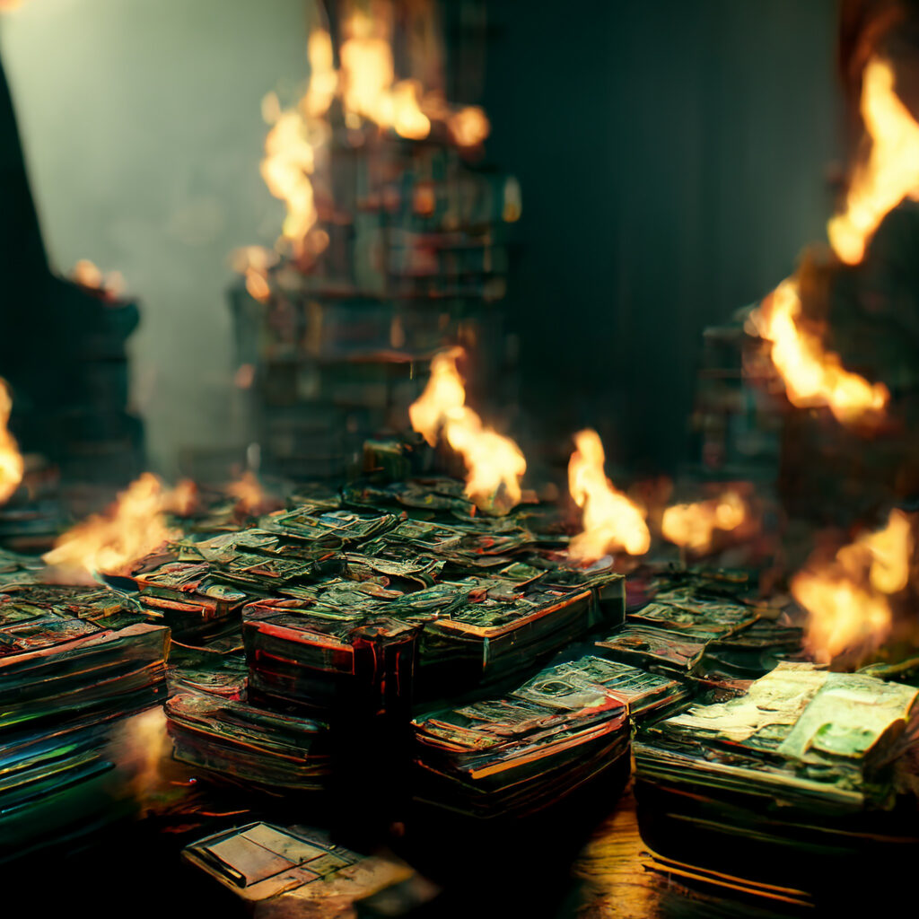 a stack of dollar bills on fire