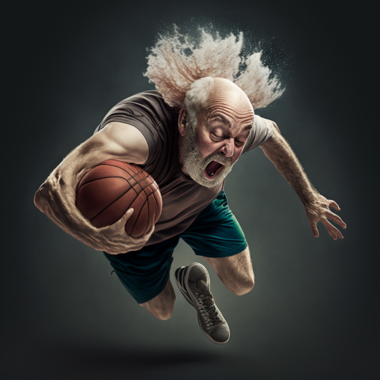 middle aged man playing basketball and falling down, 4k, hyperrealistic