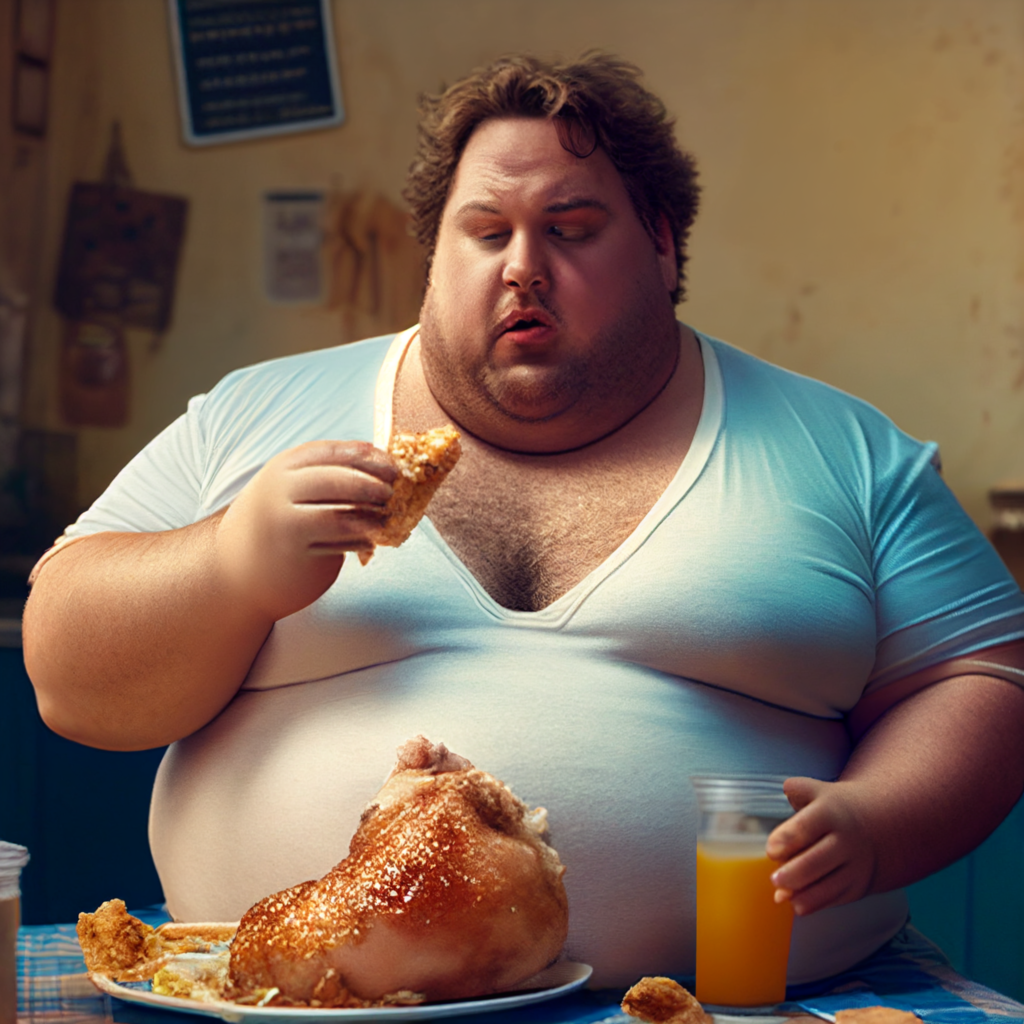 obese man with a greasy shirt eating fried chicken