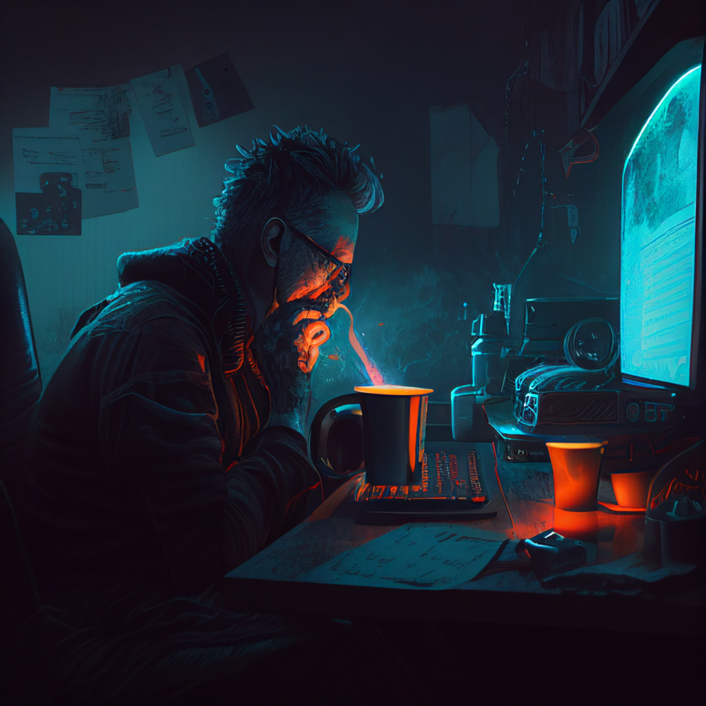 k home office with a steaming cup of coffee on his desk, cyberpunk, cinematic